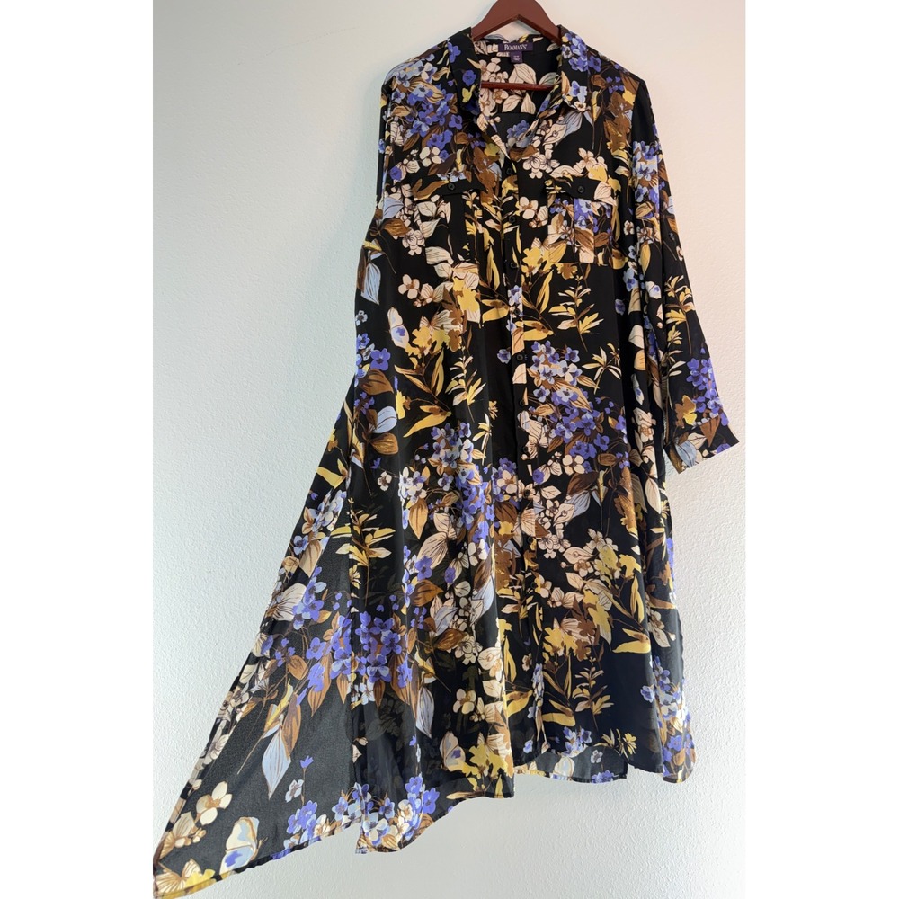 Roamans Black Floral Shirt Dress Button Front Fairy Grunge Whimsigoth 22W